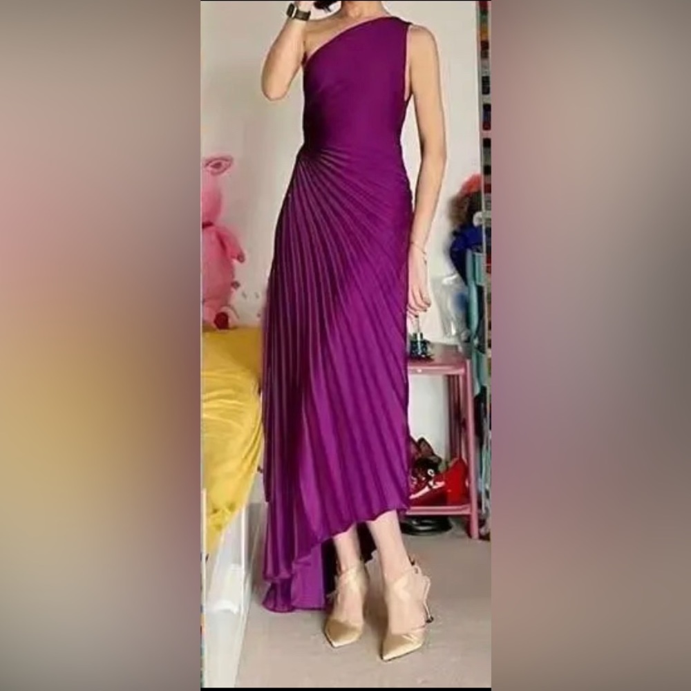 Pleated One Shoulder Maxi with Cutout